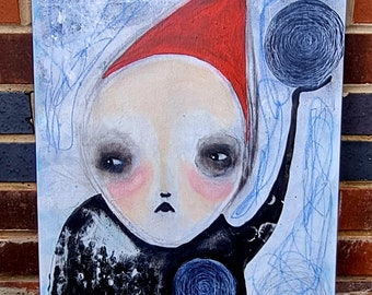 May include: A painting of a child with a red hat and a blue and black swirl design on their chest. The background is a light blue with white and blue swirls.