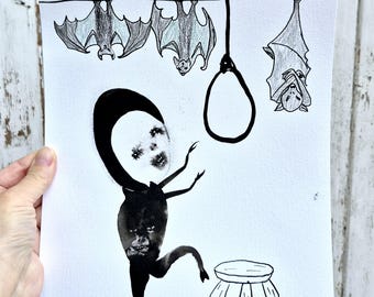 May include: A black and white ink drawing of a creature with a large head and long limbs. The creature is dancing on one leg, with the other leg raised. There are three bats hanging from a line above the creature. The drawing is signed "M. BARNES" in the bottom left corner.