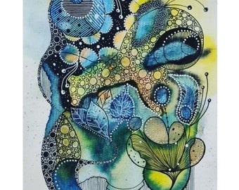 抽象水彩画：直感的な落書き、サイン入りアート（9x12インチ） - Etsy 日本