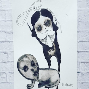 Gothic art Outsider art Black white art Original art Drawing Picture Primitive art Weird art Wall decor Odd Creatures Girl with Lasso