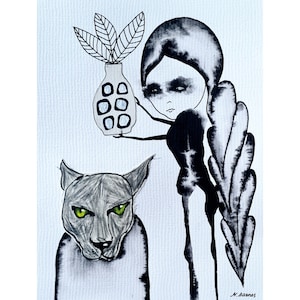 Arte unica nel suo genere Dipinto originale Arte outsider Immagine in bianco e nero Pantera nera Arte astratta Figure astratte Volto astratto Arte unica