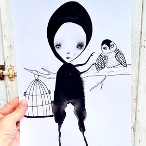 Originale Opera d'arte unica Immagine in bianco e nero Arte astratta Figura astratta con gufo Arte primitiva Arte semplice Disegno originale Arte strana