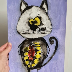 Funny fat cat Original art by Marina Barnes.  Abstract art Primitive art Weird art Cat drawing Whimsical cat Gift for cat lovers Funny cat