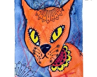 Whimsical Cat Art Print: Naive Style Illustration