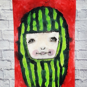 Io sono un'anguria (serie carnevalesca per bambini) Opera d'arte unica Pittura acrilica Figure astratte Arte semplice Decorazione per la cameretta dei bambini Strano