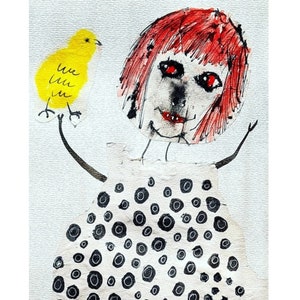 Girl with chick Original art or Print Spooky face drawing Outsider art One of a kind gift One of a kind art Whimsical drawing Mixed media