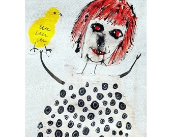 May include: A whimsical illustration of a person with red hair wearing a black and white polka dot dress. The person is holding a yellow bird with the word "we" written on it.