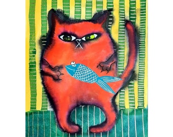 Whimsical Cat Art Print: Funny Naive Artwork (7x5 inch)