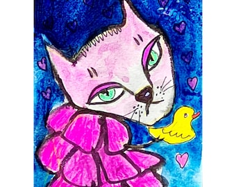 Whimsical Cat Art Print: Funny Quirky Feline Portrait