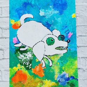 Art original chien blanc chien drôle cadeau pour les amateurs de chiens peinture acrylique chien peinture chien primitif décoration murale