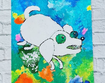 Divertido cuadro acrílico de perro blanco - Arte popular primitivo - Impresión A4
