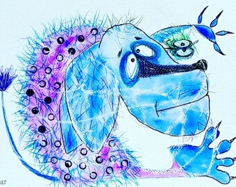 May include: A blue and purple watercolor illustration of a creature with a furry body, large eyes, and a long tail. The creature appears to be startled or surprised.