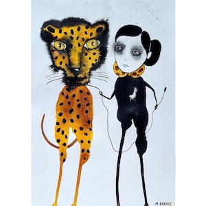 オリジナルアート、プリント ヒョウのペット 1つOK 親切な贈り物 奇妙な絵 奇妙な絵 奇妙なアート 動物 生の ブルットアート 原始的 素朴 珍しい