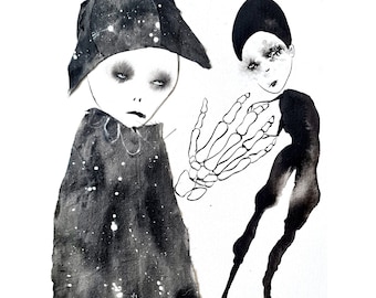 May include: Black and white ink drawing of two figures. One figure is wearing a black cap with white speckles and has a skeletal hand reaching out. The other figure is wearing a black cap and has a dark, shadowy body. The drawing is signed "M.BARNES".