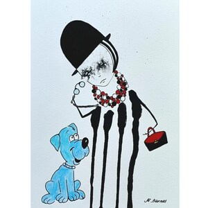 Puede incluir: Una ilustración en blanco y negro de una persona con un sombrero bombín negro y un collar de cuentas rojas y blancas. La persona lleva un pequeño bolso rojo y está de pie junto a un perro azul.