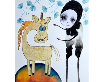 Lámina artística de unicornio caprichoso: Ilustración de criatura peculiar