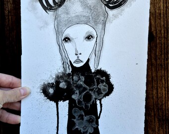 Dibujo abstracto a tinta: arte naíf en blanco y negro - Original en formato A4