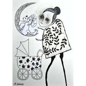 Original art or Print Outsider art Black and white Art Angel Baby One of a kind gift Weird Quirky Picture Gift for mother Odd Figurative Raw