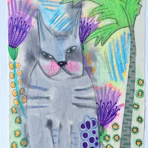 Original art Original painting One of a kind art Outsider art Abstract art Figurative art Art brut Gift for cat lovers Mixed media art Odd