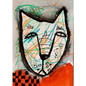 Oruginal cat art Print Outsider art Whimsical funny cat Gift for cat lovers Abstract cat Primitive cat Primitive art Simple art Naive art