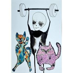 Original art or Print Whimsical funny cats Outsider art Abstract figures Fugurative art Weird Cat Drawing Rare Picture Art Brut Quirky Odd