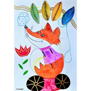 Arte originale Dipinto originale ad acquerello Arte unica Arte mista Dipinto di volpe Arte outsider Arte ispiratrice Arte popolare Arte astratta