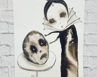 Creepy Face Art Print: Spooky Whimsical Figurative Drawing