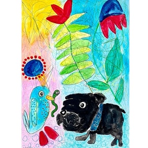 Arte originale o stampa Arte outsider Arte astratta Figurativa Arte naif Tecnica mista Opera d'arte Cane stravagante Immagine strana Bulldog francese Animale raro