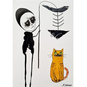 Original Art Brut Outsider art Gift for cat lovers Abstract Figurative Whimsical Funny cat Weird Picture Rare Animal Primitive art Naive Odd