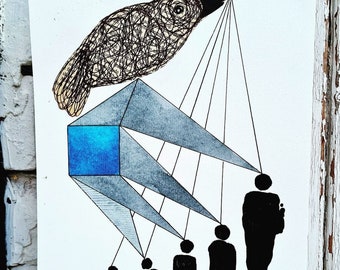 Original bläckteckning: Surrealistisk fågel och figurer, Outsider Art