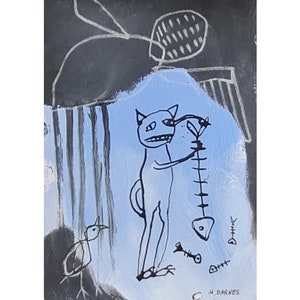 Original Art Brut Print Outsider art Creepi Cat Picture Abstract figures Figurative Gift for cat lovers Abstract Drawing Whimsical funny cat
