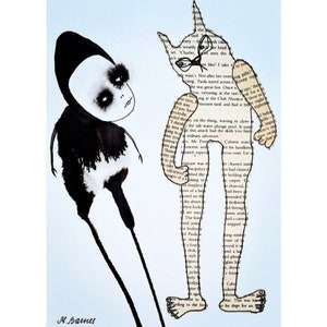Dipinto originale Arte unica nel suo genere Arte outsider Gatto divertente e stravagante Arte in bianco e nero Regalo per gli amanti dei gatti Gatto fantasy Figure astratte
