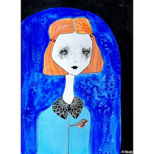 オリジナル アール・ブリュット アウトサイダーアート オルタナティブアート 少女と鳥の絵 奇妙な絵 かわいいイラスト 抽象的 具象的 珍しい 原始的アート