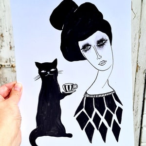 Abstract portrait woman Abstract art Original art Black cat picture Original drawing Abstract face Abstract woman Outsider art Weird art Odd