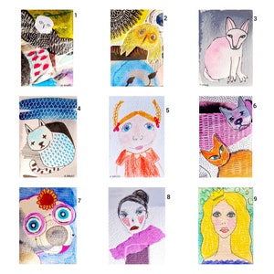 ACEO Tarjetas aceo originales Tarjetas aceo Pinturas aceo Tarjetas coleccionables Regalos para coleccionistas de aceo Búhos Gatos Arte abstracto Tarjetas aceo únicas