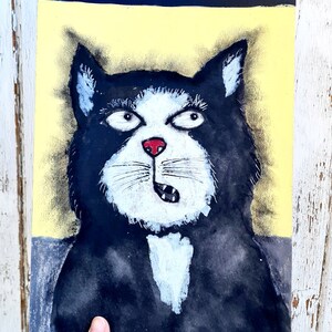 Gato preto Pintura original Arte original Gato engraçado caprichoso Presente para amantes de gatos Arte simples Decoração de gato Imagem de gato Arte estranha Arte popular Fofo