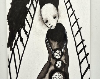 Arte gótico Blanco y negro Imagen Arte marginal Arte oscuro único Arte extraño Dibujo a tinta sobre papel A 4