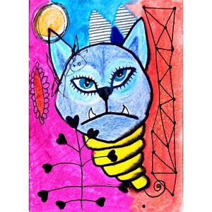 Cat print , Cat art , Gift for cat lovers,  Abstract art,  Primitive art,  Primitive cat,  Unique art , Weird art , Cat decor , Cat picture