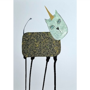 Arte originale Kittycorn Arte fuori dagli schemi Regalo per gli amanti dei gatti Regalo per gli amanti degli unicorni Gatto divertente e stravagante Arte naif Arte unica nel suo genere Gatto strano