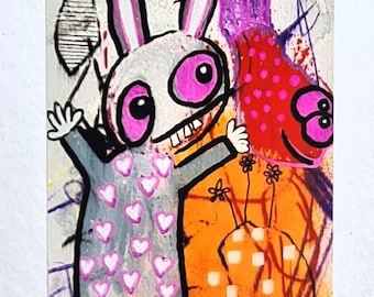 Impressão de arte original Arte outsider Arte abstrata Arte primitiva Arte fofa Arte rara Arte única Imagem única Coelho fofo Coelho estranho Arte maluca Incomum