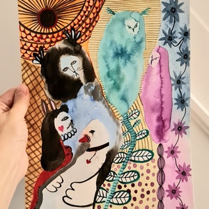 May include: Watercolour painting of a whimsical scene with a blue owl, a pink bird, a white bird, and a black and white figure with a red heart. The background features a yellow and orange sun, green leaves, and a pink and blue floral pattern.