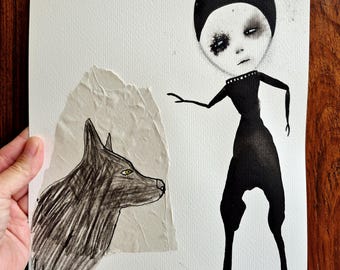 Black dog Abstract Drawing on paper Primitive art Unique Wall decor Gift idea Weird art Outsider art Contemporary art Collage