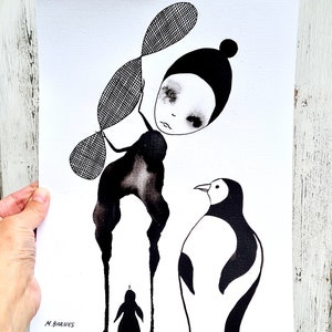 Opera d'arte figurativa astratta Firmata dall'artista Arte unica Arte outsider Pinguini Arte unica Immagine in bianco e nero Disegno di animali Strano
