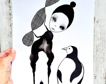 Penguin Ink Drawing: Abstract Figurative Art, Signed Original (9x12)