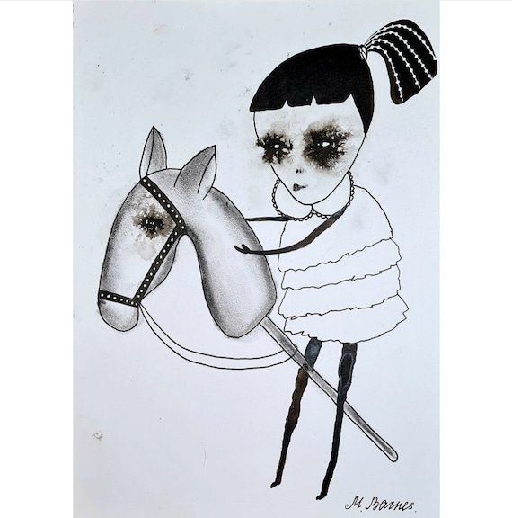 Hobby Horse Art Print: Black and White Figurative Naive Art