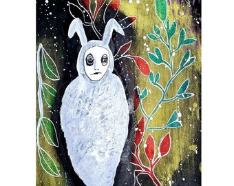 May include: A white, furry creature with bunny ears and a human-like face stands against a dark background with green and red foliage. The creature has a sad expression and is surrounded by a starry sky.