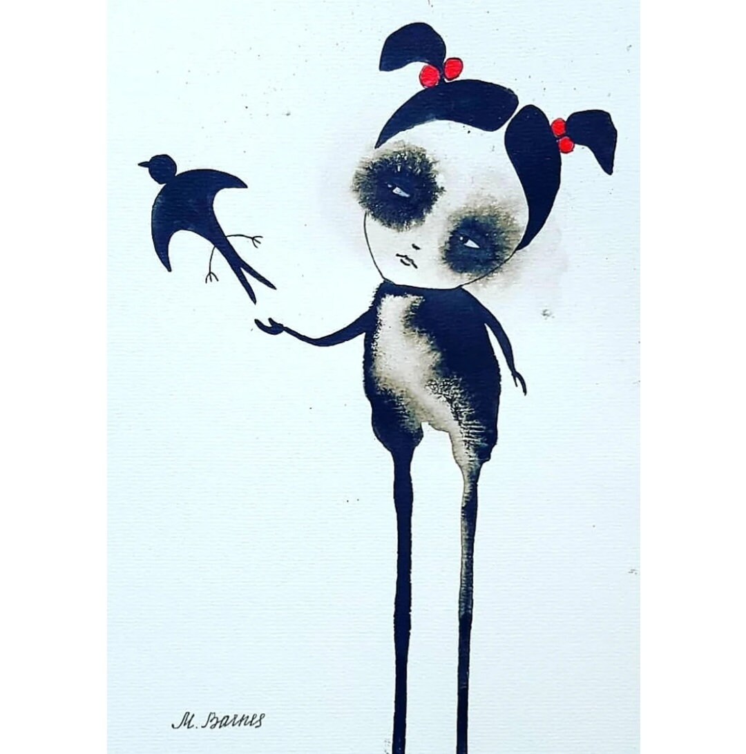 イラストオーダー 水彩画:アウトサイダー オリジナルインク画：鳥と奇妙な少女、アウトサイダーアート - Etsy 日本