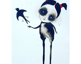 May include: A black and white illustration of a girl with large eyes and red bows in her hair. She has a long, thin body and is standing with her arms outstretched. A small black bird is flying away from her.