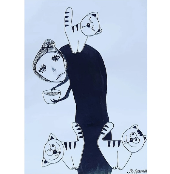 気まぐれなキャットウーマンアート：風変わりなインク画または版画