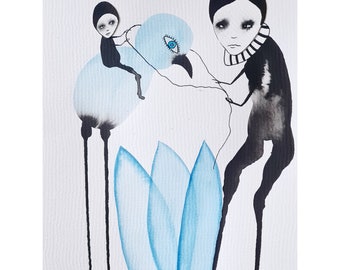 May include: A black and white ink drawing of two figures with long legs and a blue bird with a single eye. The figures are standing on a blue flower with five petals.